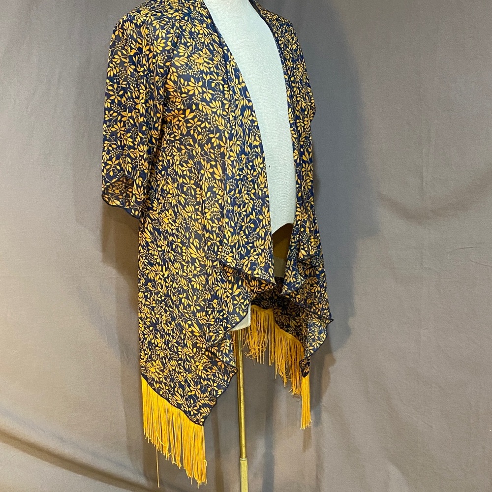 LuLaRoe Navy & Mustard Floral Fringe Kimono